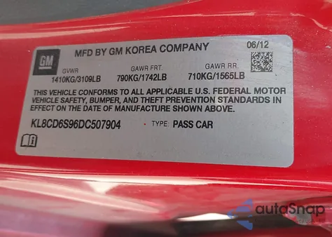 2013 Chevrolet Spark 1Lt Auto from USA, damaged, VIN KL8CD6S96DC507904